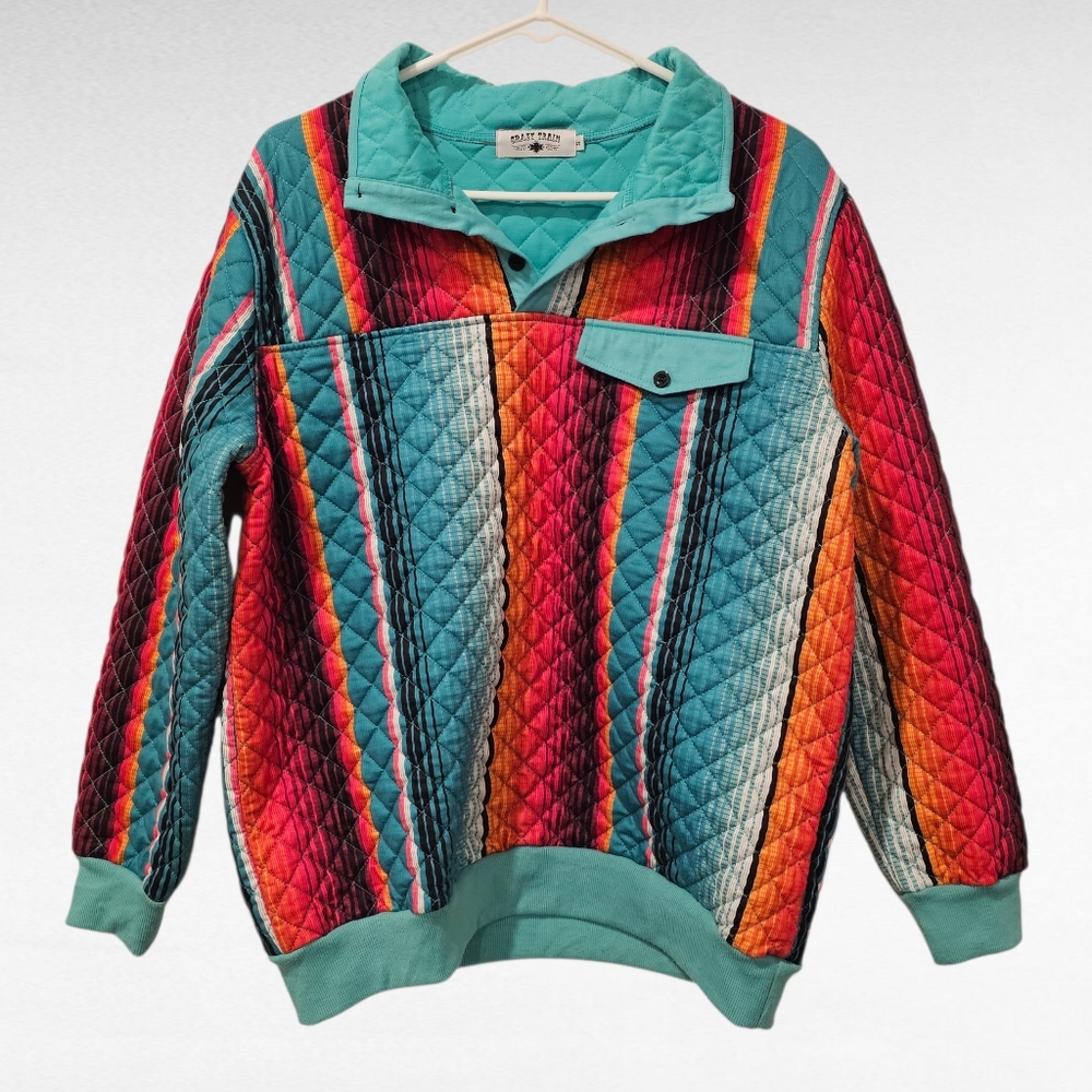 Crazy Train Quilted Multicolor Pullover Size Small - image 1